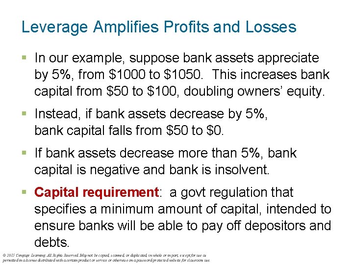 Leverage Amplifies Profits and Losses § In our example, suppose bank assets appreciate by