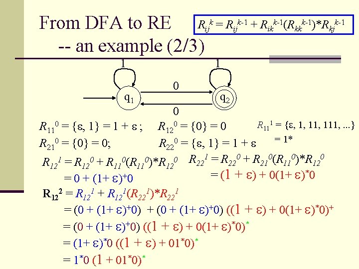 From DFA to RE Rijk = Rijk-1 + Rikk-1(Rkkk-1)*Rkjk-1 -- an example (2/3) 1