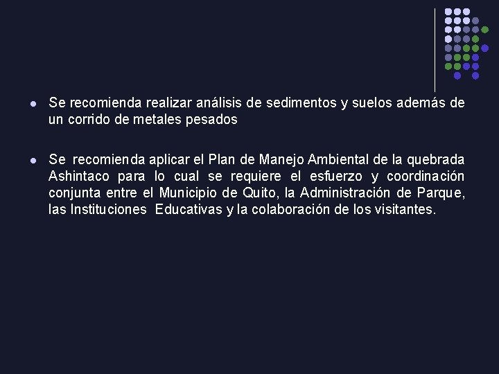 l Se recomienda realizar análisis de sedimentos y suelos además de un corrido de