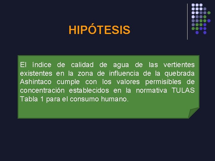 HIPÓTESIS El índice de calidad de agua de las vertientes existentes en la zona