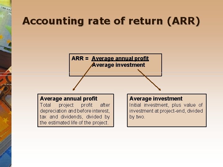 Accounting rate of return (ARR) ARR = Average annual profit Average investment Total project