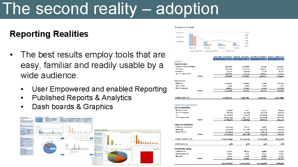 The second reality adoption Challenge 1 ––The back end Reporting Realities • The best