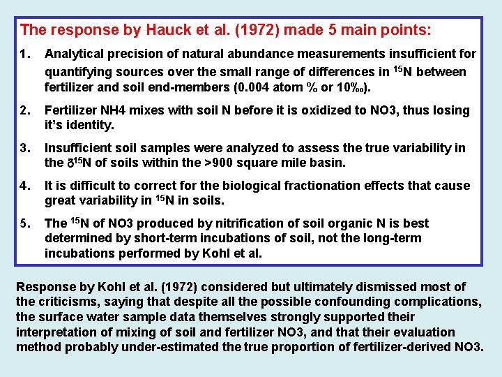 The response by Hauck et al. (1972) made 5 main points: 1. Analytical precision