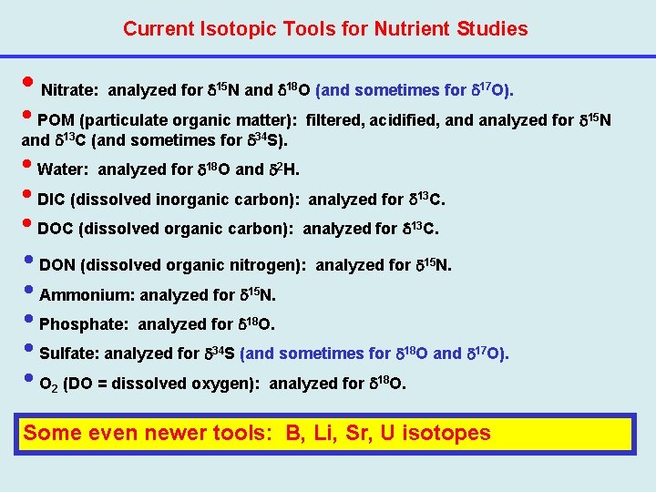 Current Isotopic Tools for Nutrient Studies • Nitrate: analyzed for N and O (and