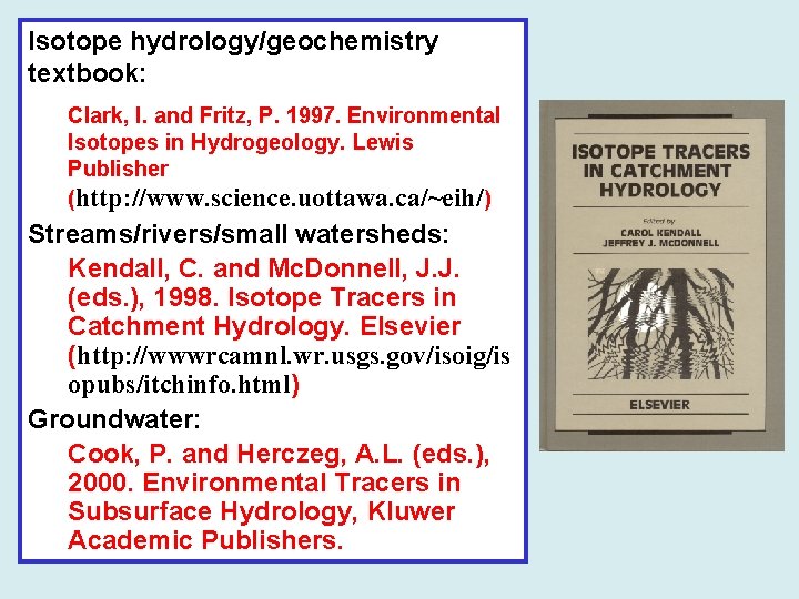 Isotope hydrology/geochemistry textbook: Clark, I. and Fritz, P. 1997. Environmental Isotopes in Hydrogeology. Lewis