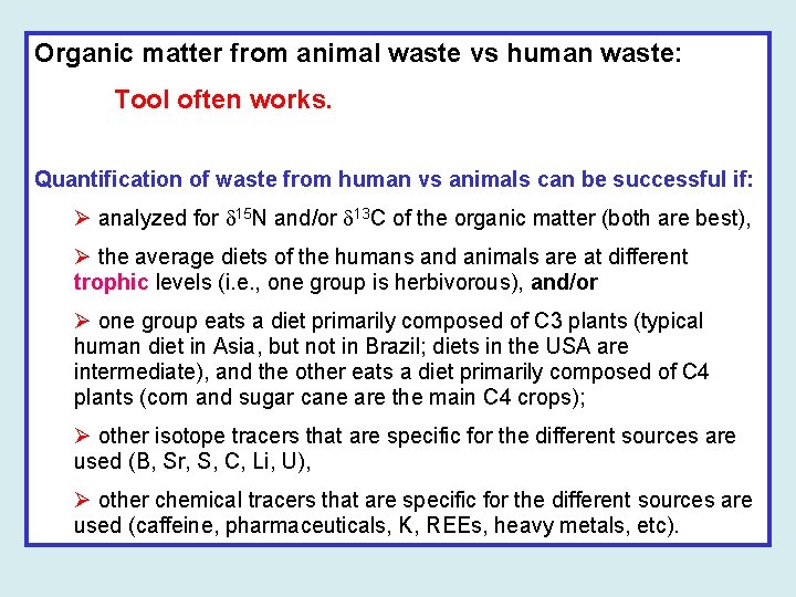 Organic matter from animal waste vs human waste: Tool often works. Quantification of waste