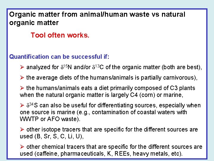Organic matter from animal/human waste vs natural organic matter Tool often works. Quantification can