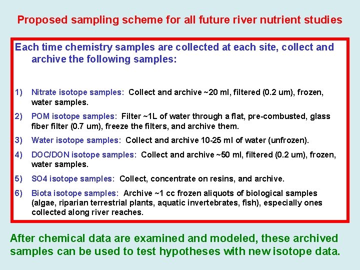 Proposed sampling scheme for all future river nutrient studies Each time chemistry samples are