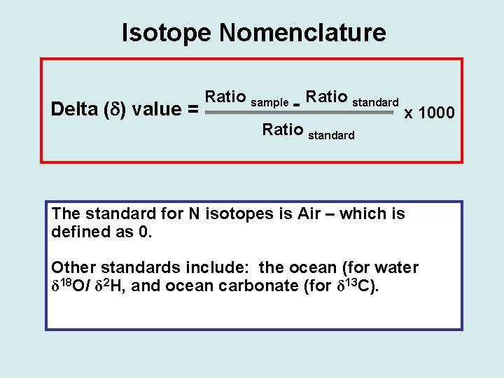 Isotope Nomenclature Delta ( ) value = Ratio sample - Ratio standard x 1000