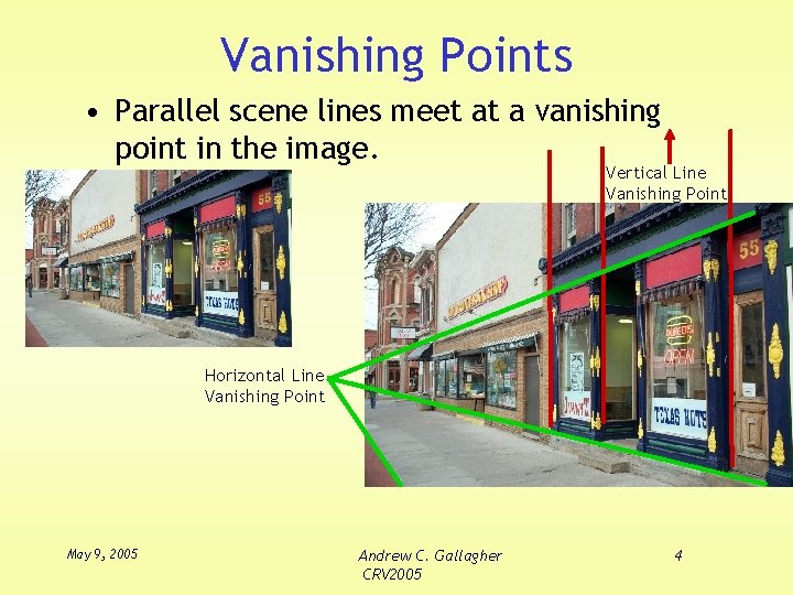 Vanishing Points • Parallel scene lines meet at a vanishing point in the image.