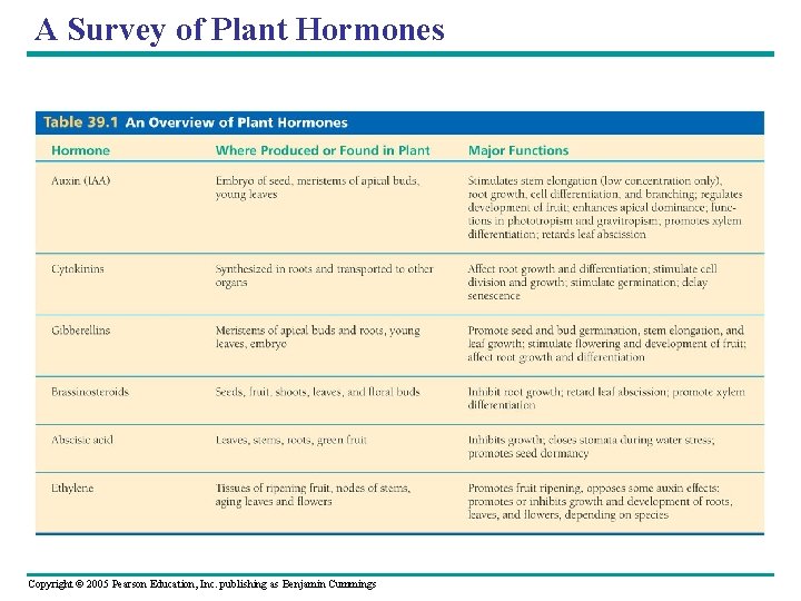 A Survey of Plant Hormones Copyright © 2005 Pearson Education, Inc. publishing as Benjamin