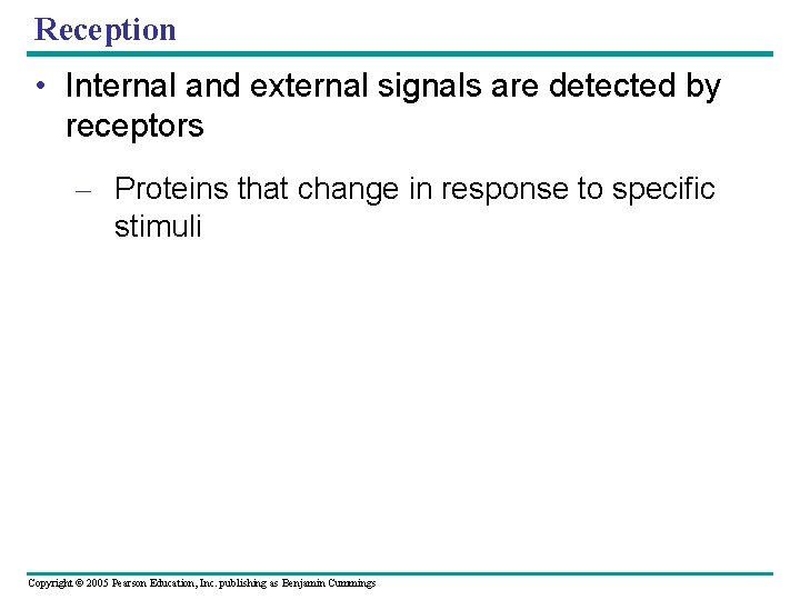 Reception • Internal and external signals are detected by receptors – Proteins that change