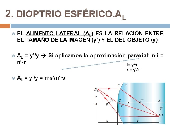 2. DIOPTRIO ESFÉRICO. AL EL AUMENTO LATERAL (AL) ES LA RELACIÓN ENTRE EL TAMAÑO