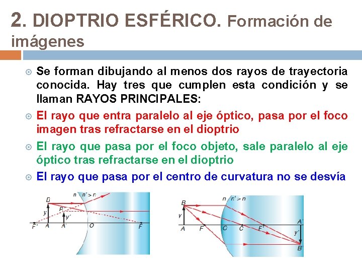 2. DIOPTRIO ESFÉRICO. Formación de imágenes Se forman dibujando al menos dos rayos de