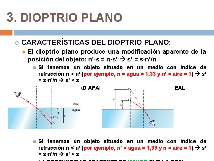 3. DIOPTRIO PLANO CARACTERÍSTICAS DEL DIOPTRIO PLANO: El dioptrio plano produce una modificación aparente 3. DIOPTRIO PLANO CARACTERÍSTICAS DEL DIOPTRIO PLANO: El dioptrio plano produce una modificación aparente