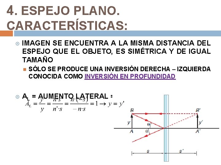 4. ESPEJO PLANO. CARACTERÍSTICAS: IMAGEN SE ENCUENTRA A LA MISMA DISTANCIA DEL ESPEJO QUE