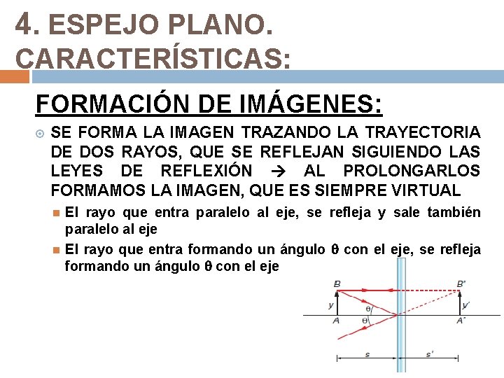 4. ESPEJO PLANO. CARACTERÍSTICAS: FORMACIÓN DE IMÁGENES: SE FORMA LA IMAGEN TRAZANDO LA TRAYECTORIA