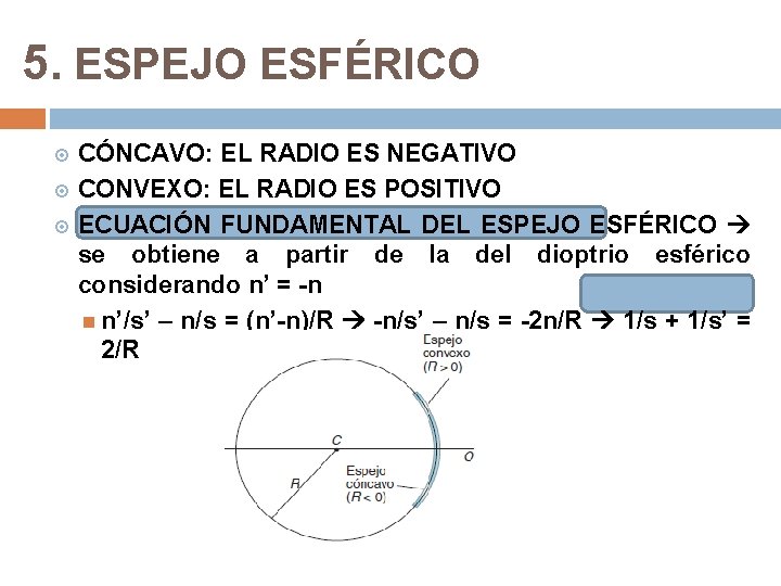 5. ESPEJO ESFÉRICO CÓNCAVO: EL RADIO ES NEGATIVO CONVEXO: EL RADIO ES POSITIVO ECUACIÓN