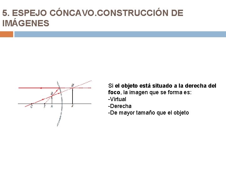 5. ESPEJO CÓNCAVO. CONSTRUCCIÓN DE IMÁGENES Si el objeto está situado a la derecha