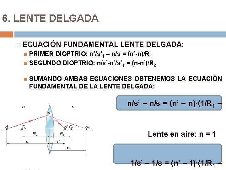 6. LENTE DELGADA � ECUACIÓN FUNDAMENTAL LENTE DELGADA: PRIMER DIOPTRIO: n’/s’ 1 – n/s 6. LENTE DELGADA � ECUACIÓN FUNDAMENTAL LENTE DELGADA: PRIMER DIOPTRIO: n’/s’ 1 – n/s