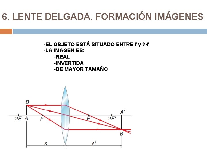 6. LENTE DELGADA. FORMACIÓN IMÁGENES -EL OBJETO ESTÁ SITUADO ENTRE f y 2·f -LA