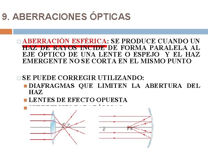 9. ABERRACIONES ÓPTICAS � ABERRACIÓN ESFÉRICA: SE PRODUCE CUANDO UN HAZ DE RAYOS INCIDE