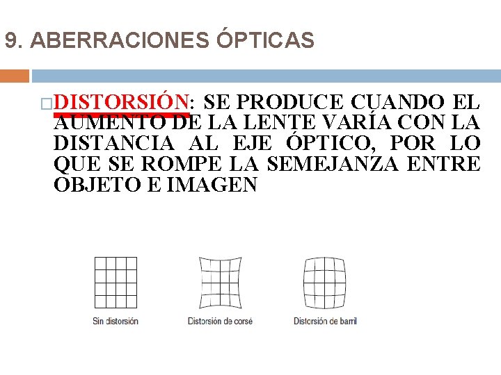 9. ABERRACIONES ÓPTICAS �DISTORSIÓN: SE PRODUCE CUANDO EL AUMENTO DE LA LENTE VARÍA CON