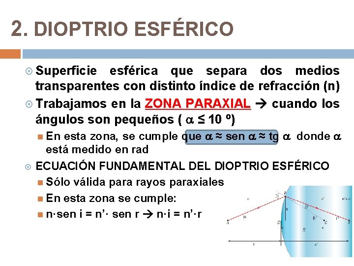 2. DIOPTRIO ESFÉRICO Superficie esférica que separa dos medios transparentes con distinto índice de