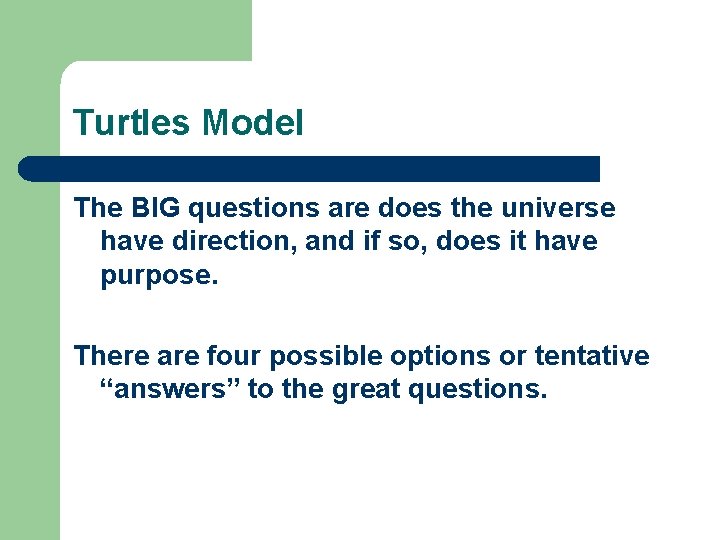 Turtles Model The BIG questions are does the universe have direction, and if so,