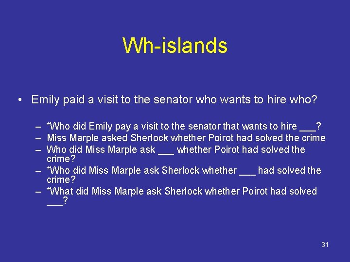 Wh-islands • Emily paid a visit to the senator who wants to hire who?