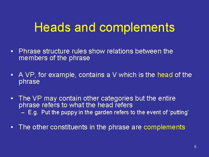 Heads and complements • Phrase structure rules show relations between the members of the