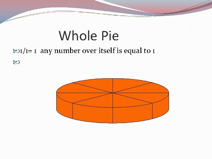 Whole Pie 1/1= 1 any number over itself is equal to 1 