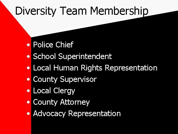 Diversity Team Membership • • Police Chief School Superintendent Local Human Rights Representation County