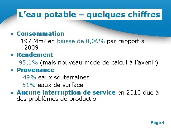 L’eau potable – quelques chiffres • Consommation 197 Mm 3 en baisse de 0,