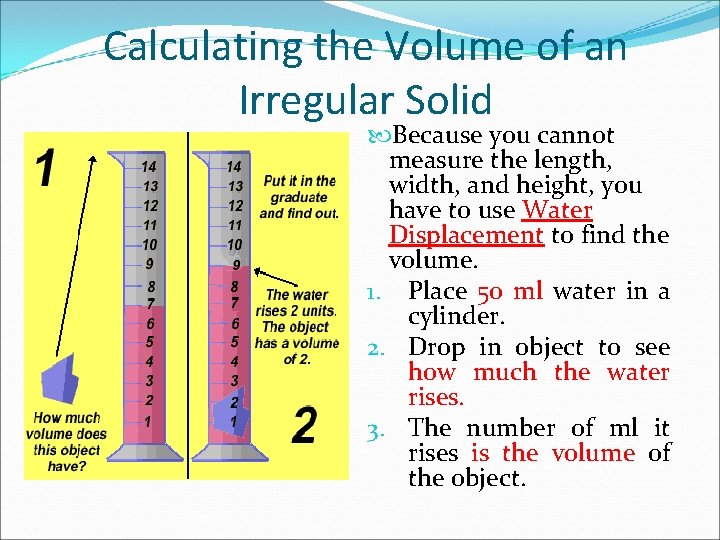 Calculating the Volume of an Irregular Solid Because you cannot measure the length, width,