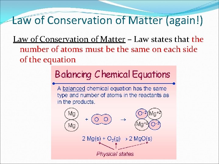 Law of Conservation of Matter (again!) Law of Conservation of Matter – Law states