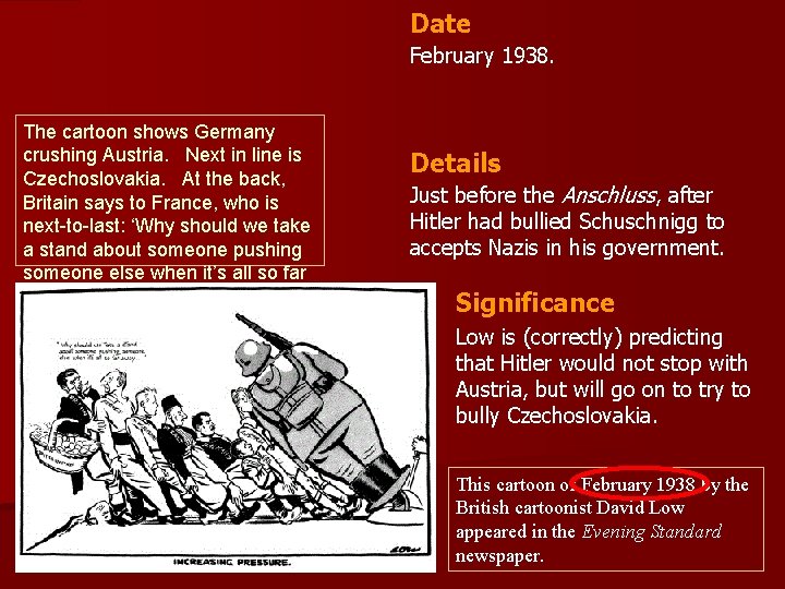 Date February 1938. The cartoon shows Germany crushing Austria. Next in line is Czechoslovakia.