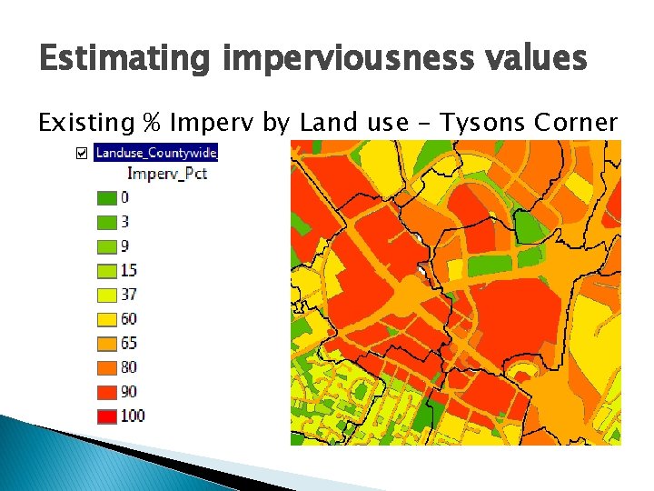 Estimating imperviousness values Existing % Imperv by Land use - Tysons Corner 