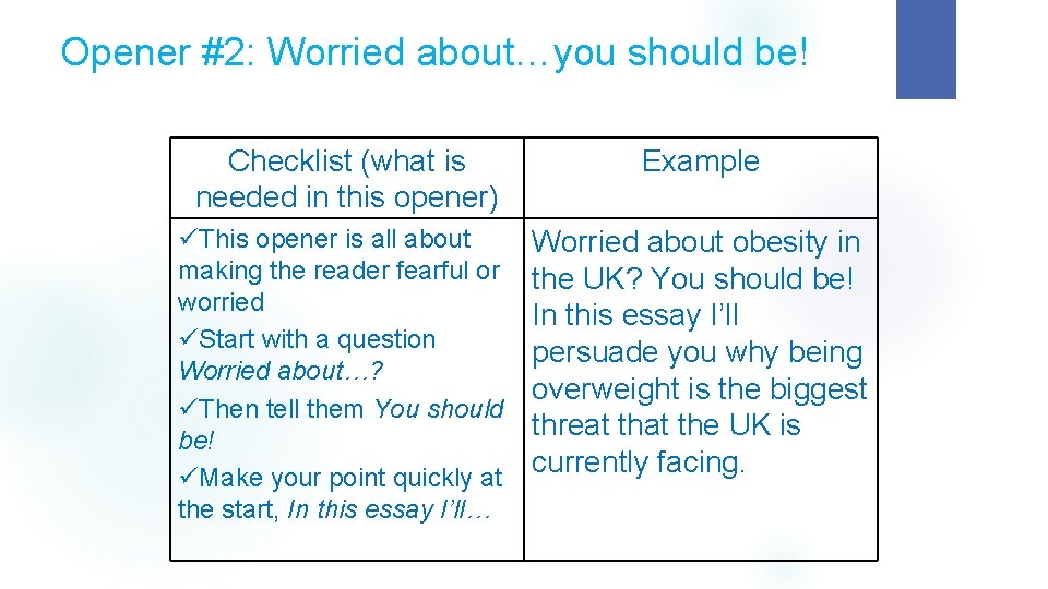 Opener #2: Worried about…you should be! Checklist (what is needed in this opener) Example