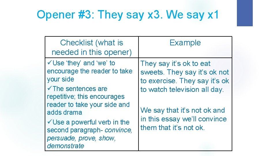 Opener #3: They say x 3. We say x 1 Checklist (what is needed