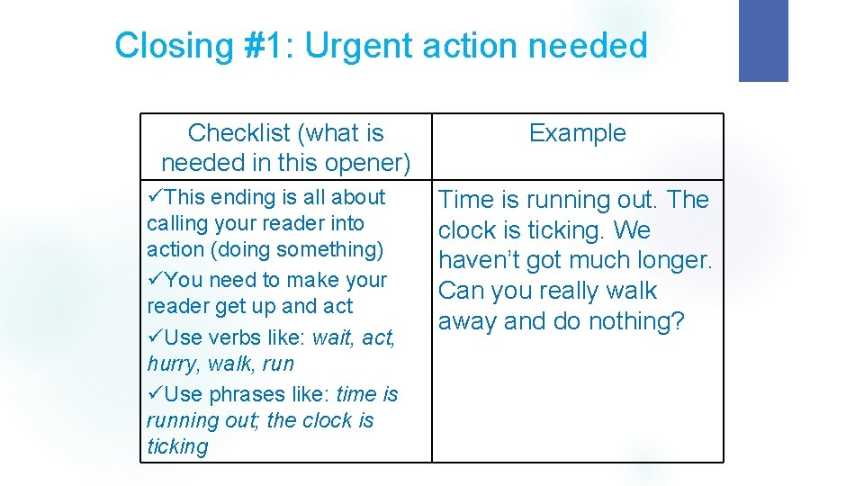 Closing #1: Urgent action needed Checklist (what is needed in this opener) üThis ending