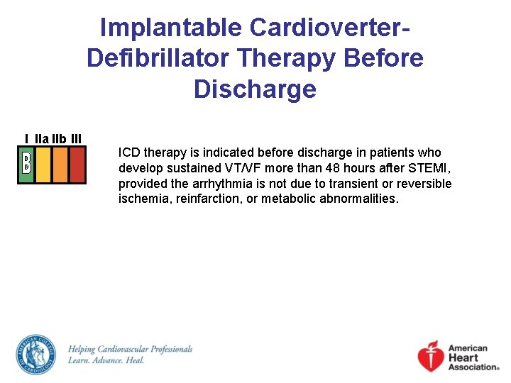 Implantable Cardioverter. Defibrillator Therapy Before Discharge I IIa IIb III ICD therapy is indicated
