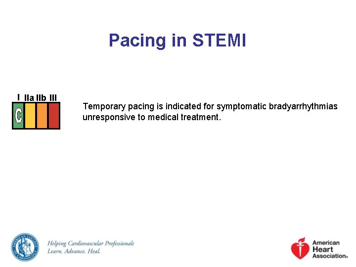 Pacing in STEMI I IIa IIb III Temporary pacing is indicated for symptomatic bradyarrhythmias