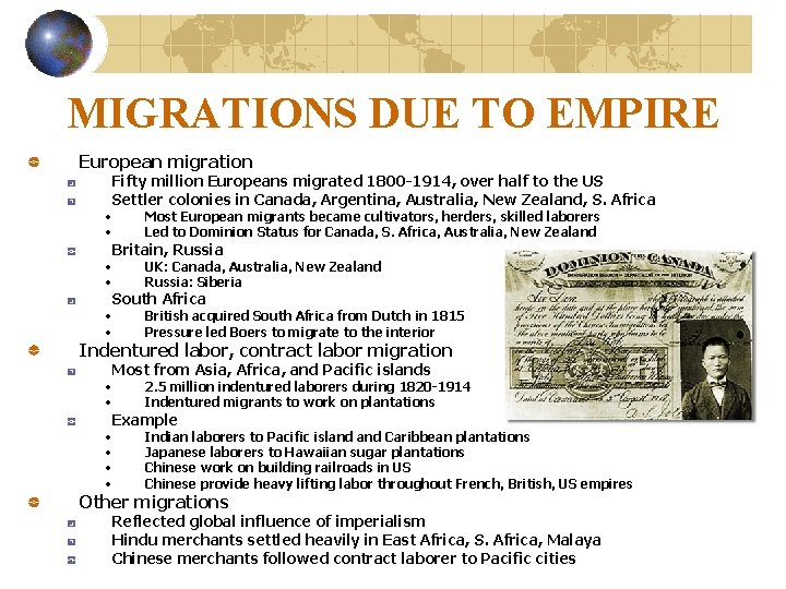MIGRATIONS DUE TO EMPIRE European migration • • • Fifty million Europeans migrated 1800
