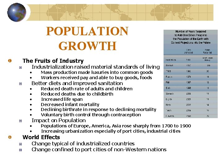 POPULATION GROWTH The Fruits of Industry Industrialization raised material standards of living • •