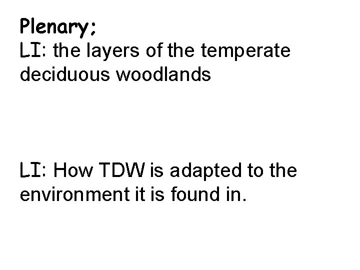 Plenary; LI: the layers of the temperate deciduous woodlands LI: How TDW is adapted