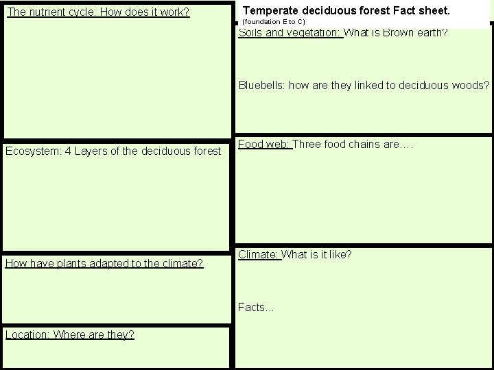 The nutrient cycle: How does it work? Temperate deciduous forest Fact sheet. (foundation E