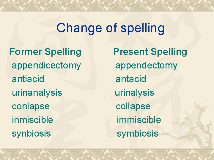 Change of spelling Former Spelling appendicectomy antiacid urinanalysis conlapse inmiscible synbiosis Present Spelling appendectomy