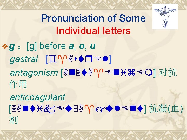Pronunciation of Some Individual letters vg ：[g] before a, o, u gastral [`^Astr. El]
