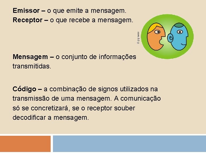 Emissor – o que emite a mensagem. Receptor – o que recebe a mensagem.